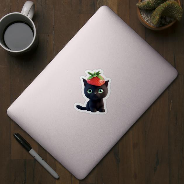 Cute black kitten with strawberry hat by BrisaArtPrints